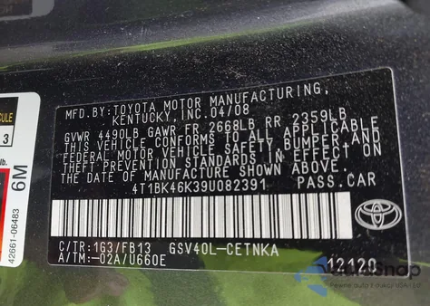 2009 Toyota Camry Le V6 from USA, damaged, VIN 4T1BK46K39U082391